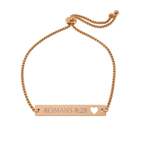 Engravable Heart Cutout Bar Bracelet — Adjustable Romans 8:28 Personalized Bracelet