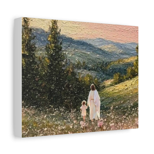 Religious Landscape Canvas Print — Jesus Walking with Children Matte Stretched Wall Art