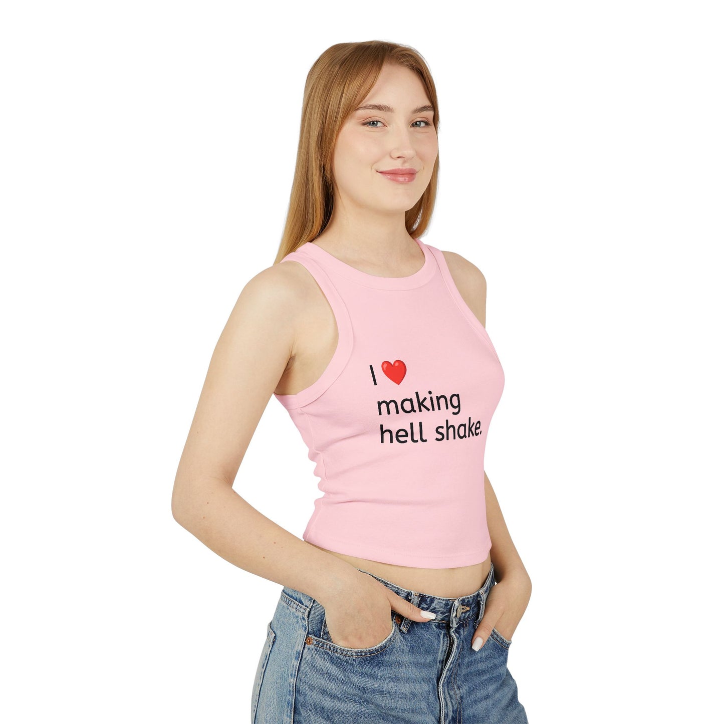 Copy of " I ❤️ making hell shake." Minimalist Ribbed Racer Tank — Women's Cropped Graphic Tank Top
