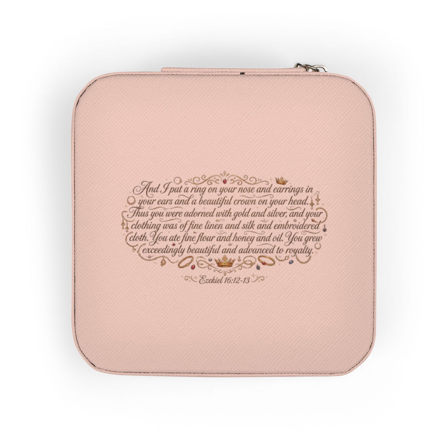 Compact Jewelry Travel Case — Soft Pink Organizer with Ezekiel 16:12-13