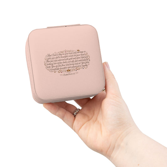 Compact Jewelry Travel Case — Soft Pink Organizer with Ezekiel 16:12-13