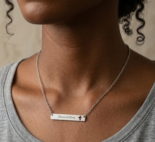 Jesus Is King Cutout Cross Bar Necklace