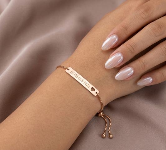Engravable Heart Cutout Bar Bracelet — Adjustable Romans 8:28 Personalized Bracelet