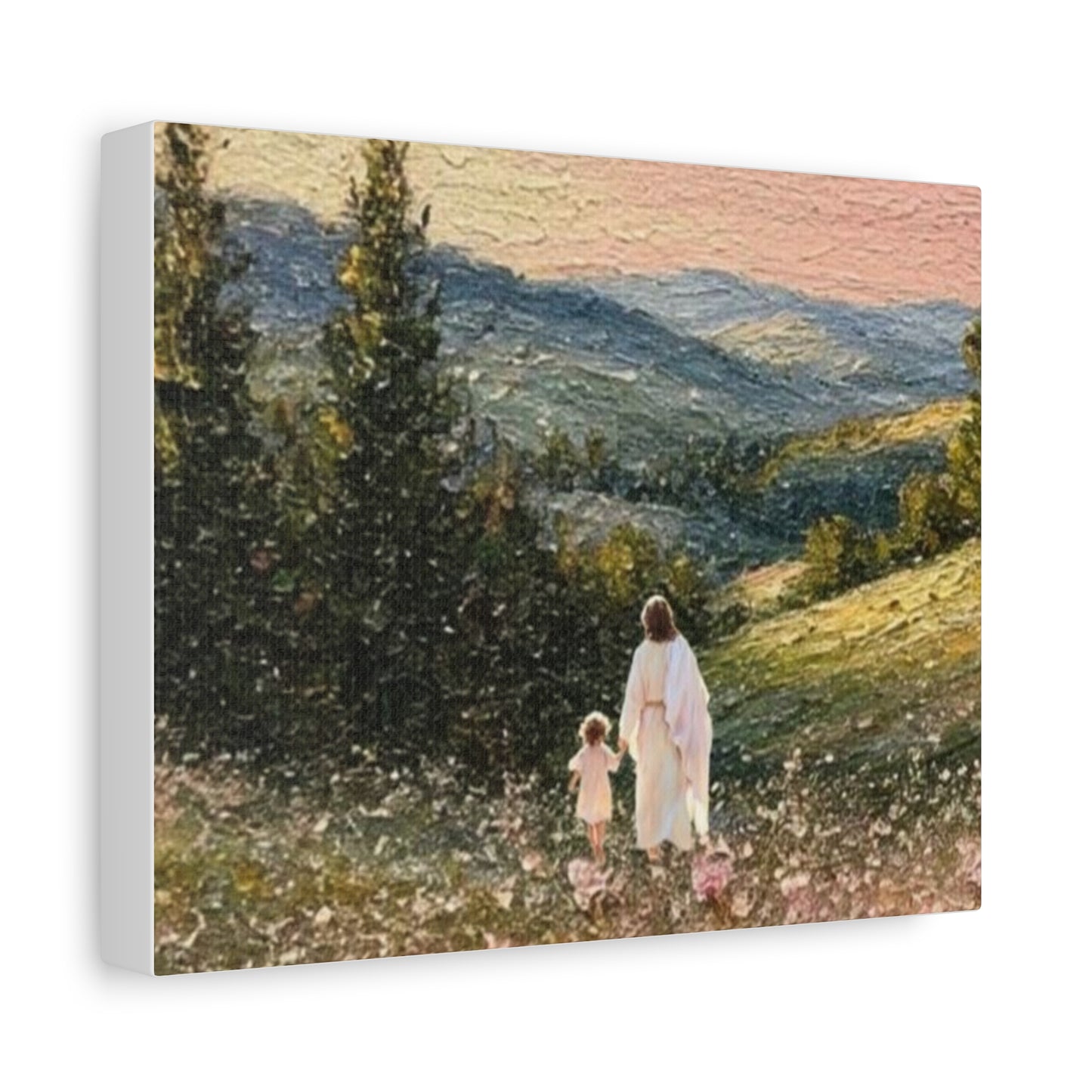 Religious Landscape Canvas Print — Jesus Walking with Children Matte Stretched Wall Art
