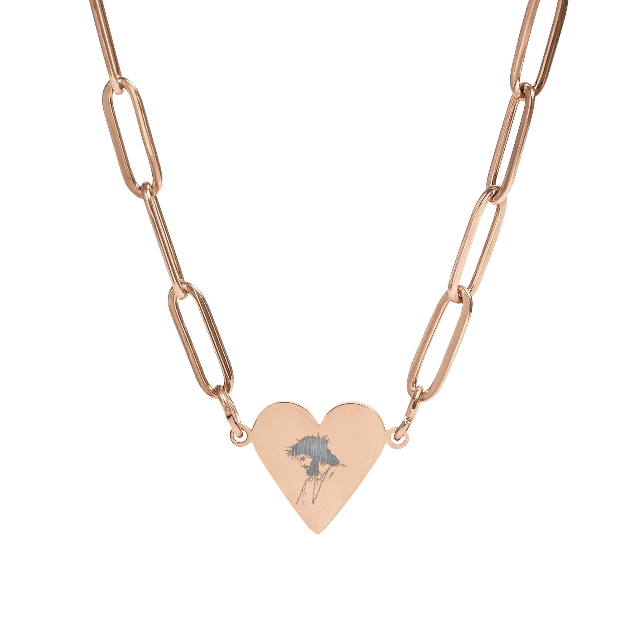 Engravable Paperclip Heart Necklace — Rose Gold Jesus with Thorn Crown Pendant