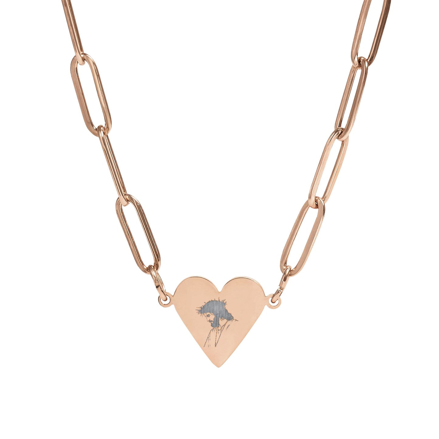 Engravable Paperclip Heart Necklace — Rose Gold Jesus with Thorn Crown Pendant