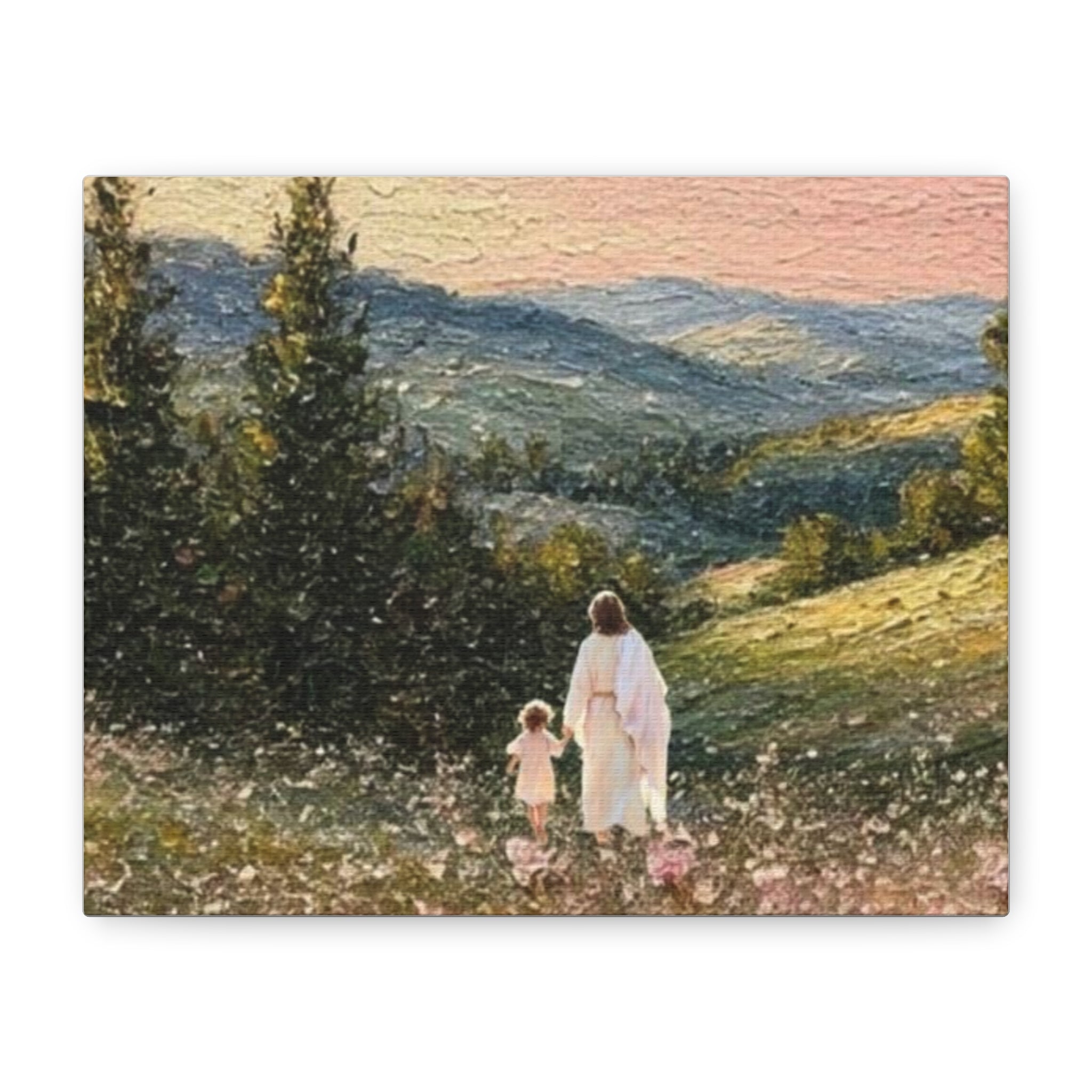 Religious Landscape Canvas Print — Jesus Walking with Children Matte Stretched Wall Art